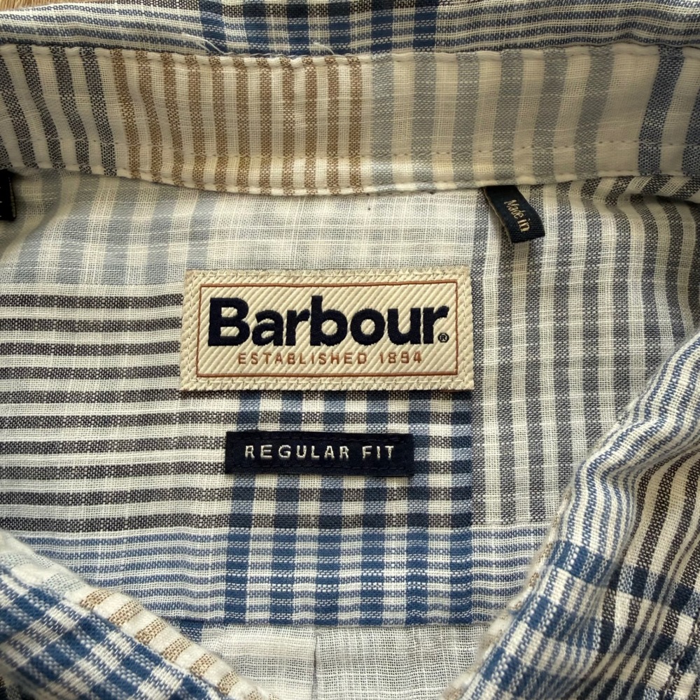 Barbour Oakshore Summer Shirt Mens L Sky Blue Tan Patchwork Plaid 100% Cotton - Picture 5 of 10